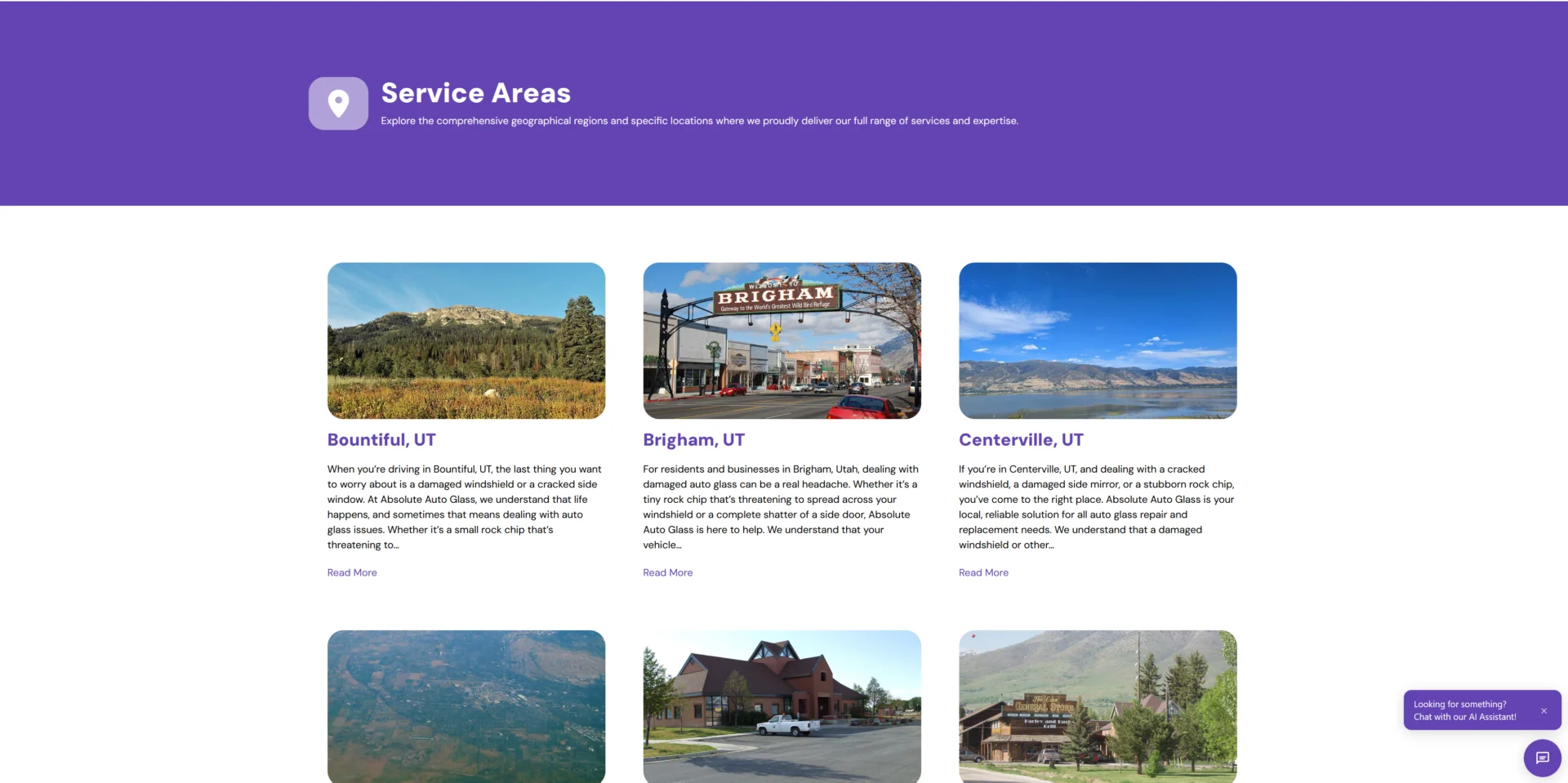 Service areas map with locations in Bountiful, Brigham, and Centerville, UT.