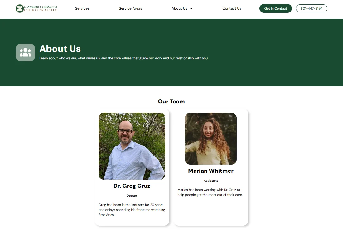 Dr. Greg Cruz and Marian Whitmer, the team at Modern Health Chiropractic in Farmington, UT.