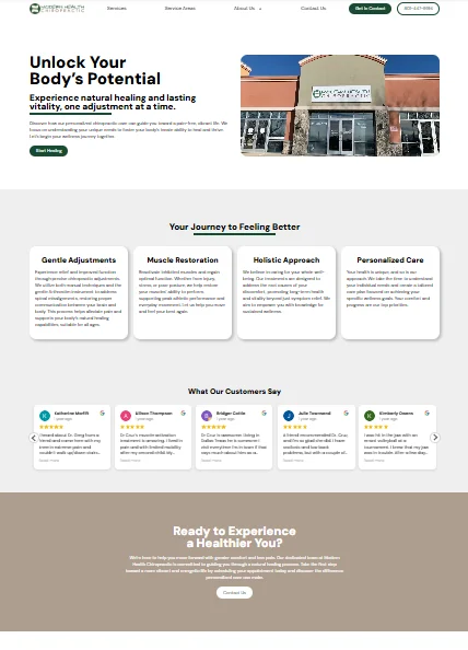 Farmington Chiropractor website homepage with AI-powered launch message.