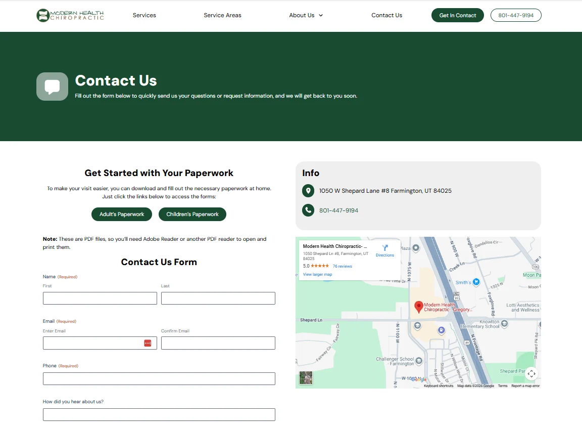 Farmington Chiropractor Contact Us Page with Form and Map