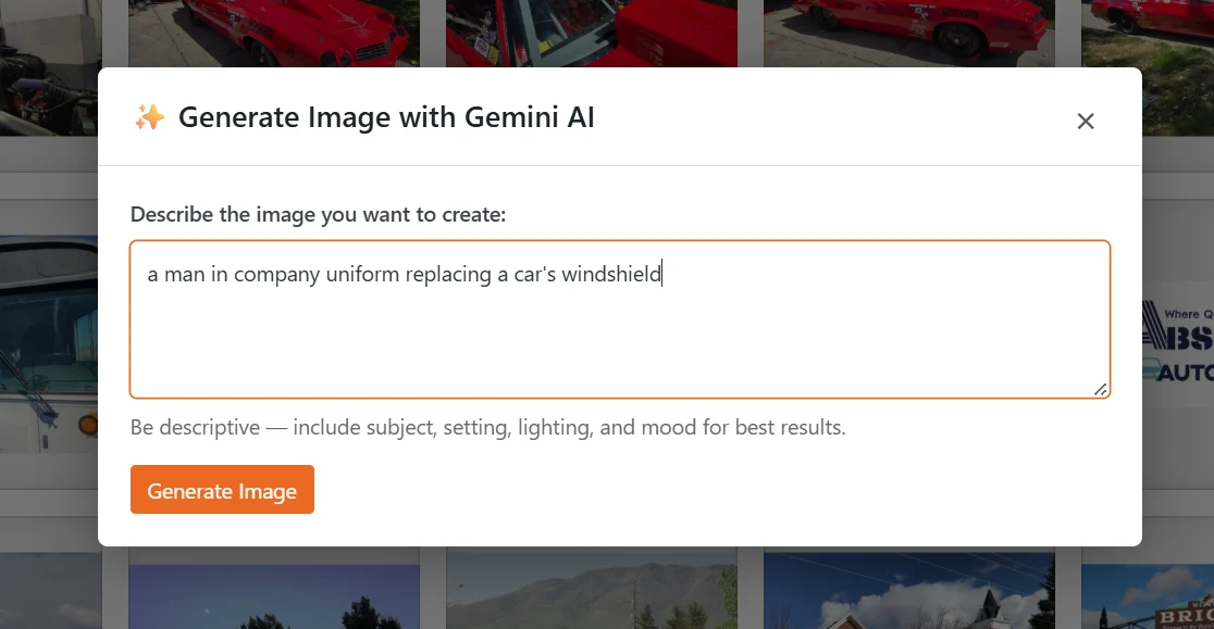 AI image generation prompt for a man in uniform replacing a car windshield.