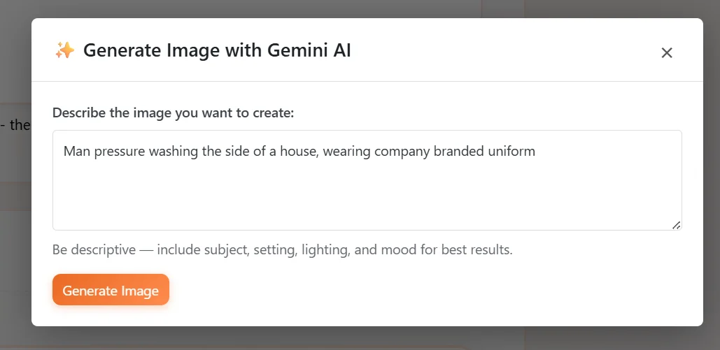 AI image generation prompt for a man pressure washing a house in a branded uniform.