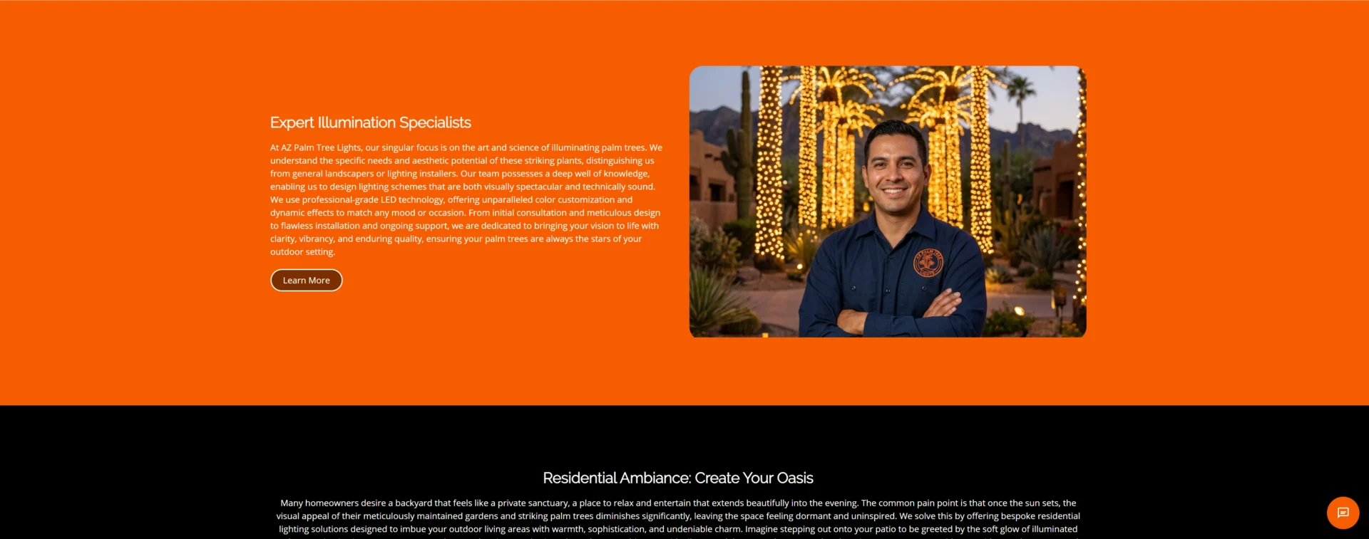 Man smiling in front of illuminated palm trees in Arizona