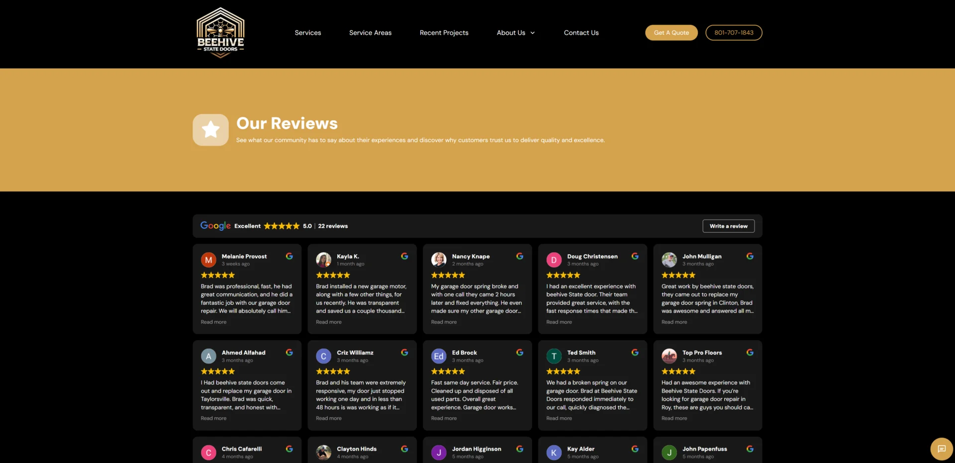 Beehive State Doors customer reviews section