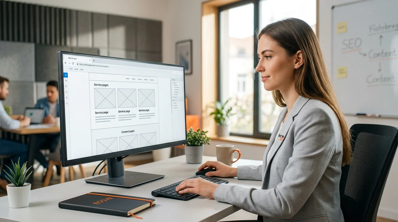 Web designer working on service and content pages wireframes on a computer.
