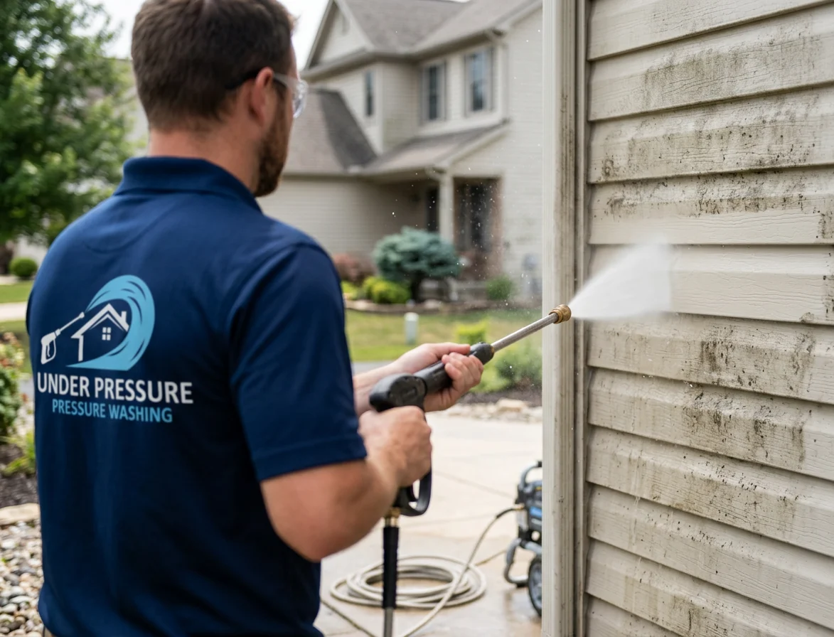 Professional pressure washing service cleaning dirty siding on a house.