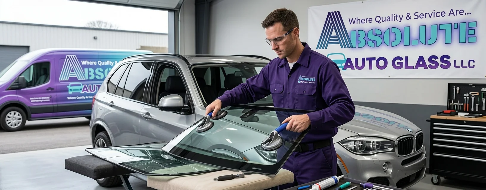 Technician installing a windshield at Absolute Auto Glass, Smart AI Photos