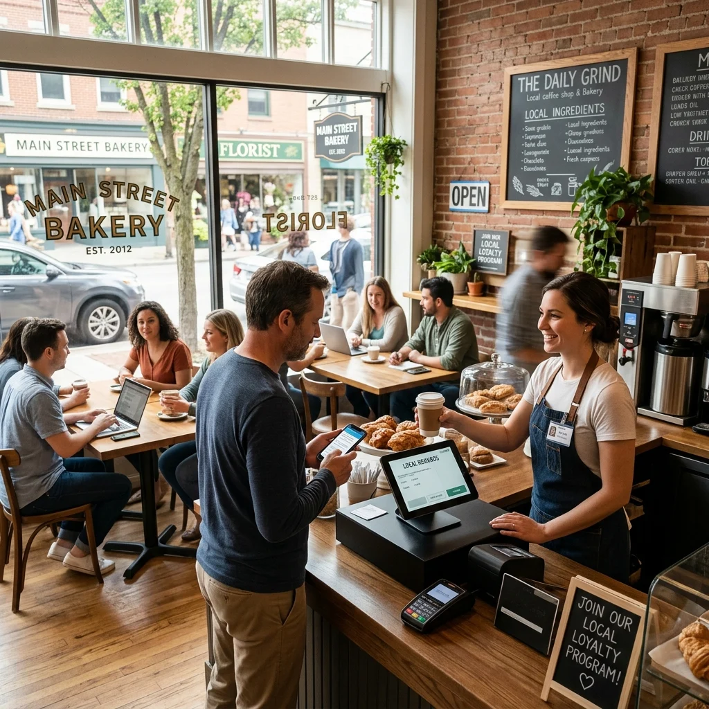Barista serving coffee to a customer at Main Street Bakery