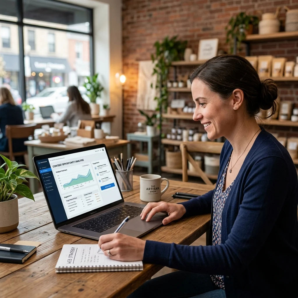 Woman analyzing content opportunity on laptop in a cafe